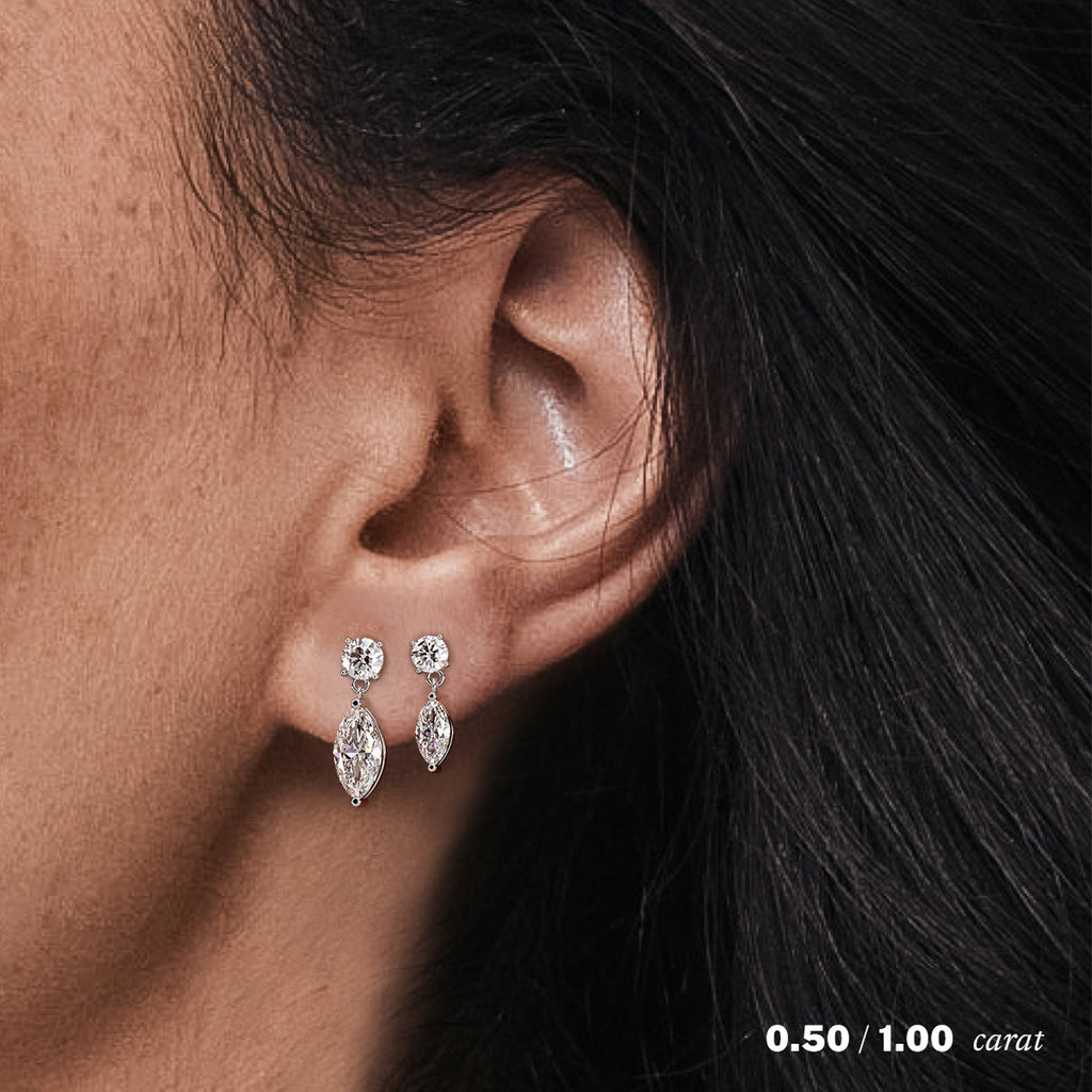 עגיל יהלומים  מרקיזה טבעי זהב לבן 14K על אוזן אישה